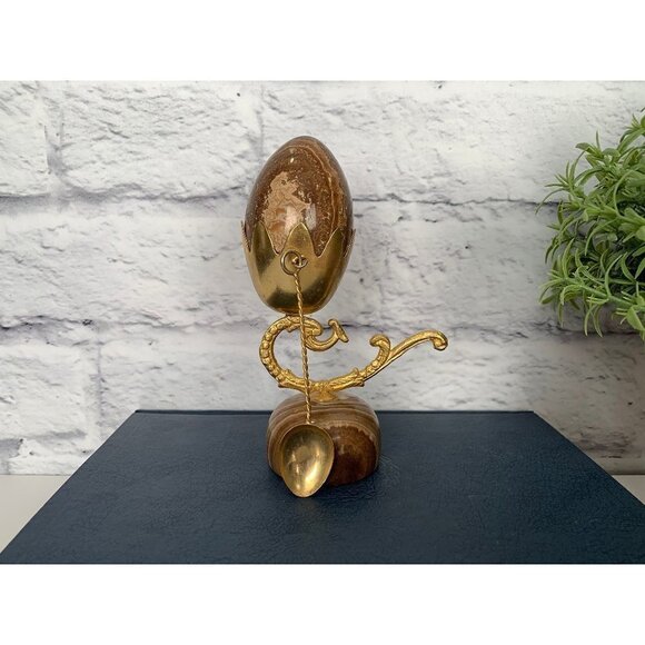 Marble Egg Gold-toned Stand Gold-Toned Spoon Matching Marble Stand Vtg - Picture 1 of 9